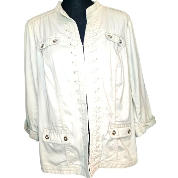 Women's Cotton Khaki Military Jacket Hook & Eye Closure  3/4 Sleeve - Sz 14/16 - Picture 1 of 8